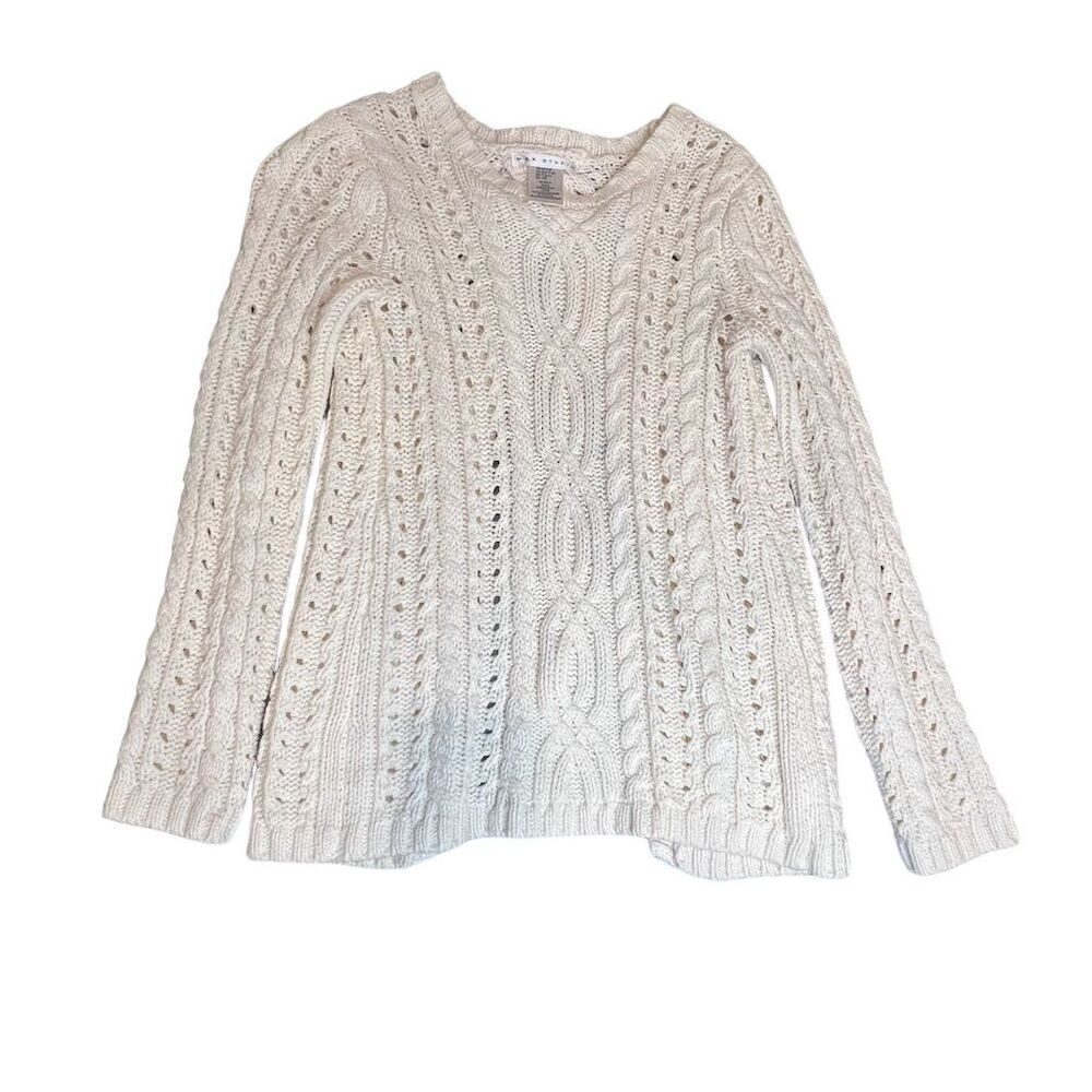 Max Studio open back Beige Cable-Knit Pullover Sweater Black Bow Accent